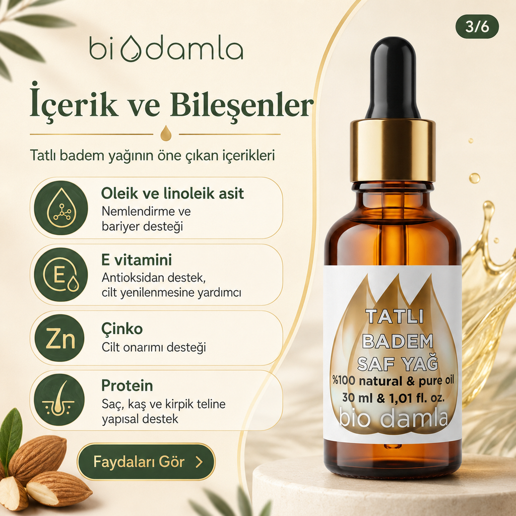 Tatlı Badem Yağı – Soğuk Sıkım %100 Saf Bitkisel Yağ | Biodamla  "🚀 Hızlı Kargo"