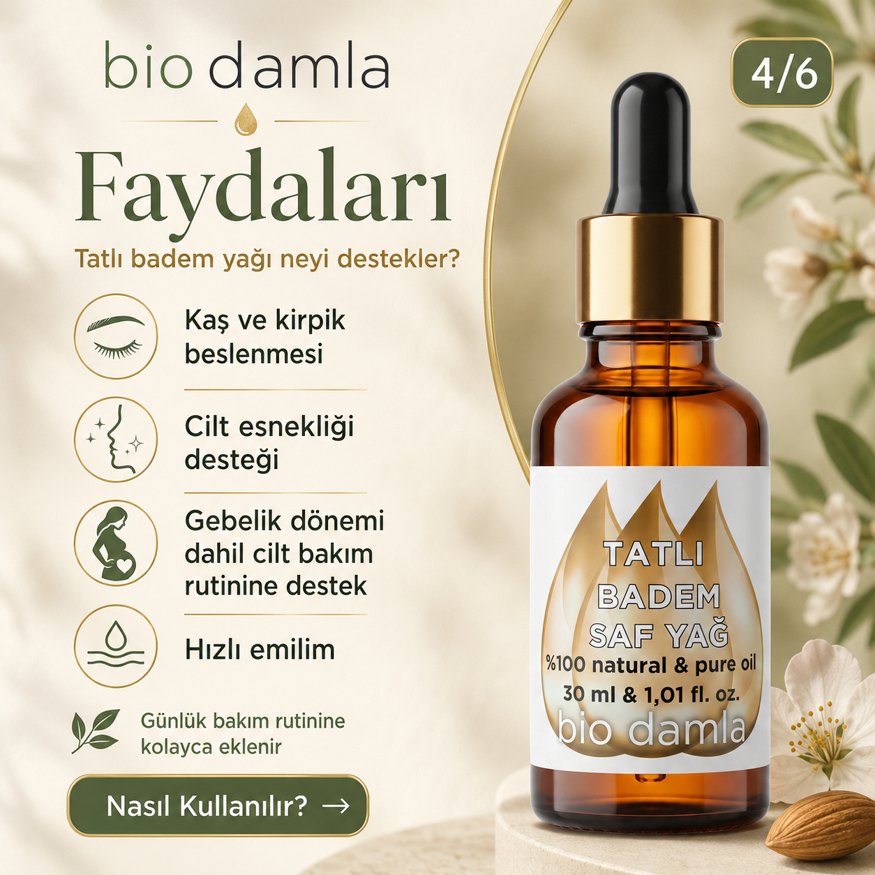 Tatlı Badem Yağı – Soğuk Sıkım %100 Saf Bitkisel Yağ | Biodamla  "🚀 Hızlı Kargo"