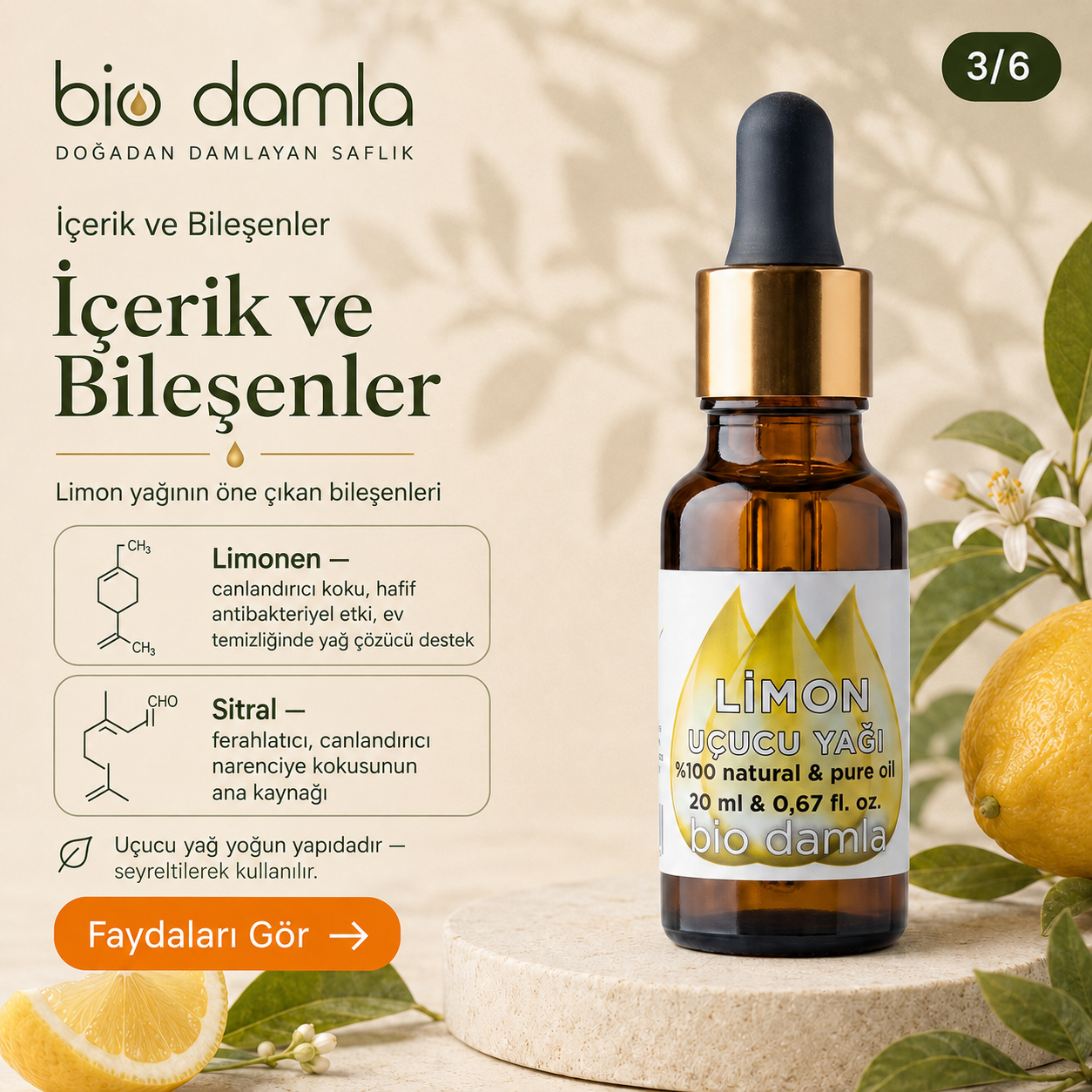 Limon Yağı – %100 Saf Esansiyel Yağ | Biodamla  "🚀 Hızlı Kargo"